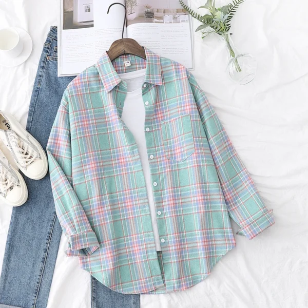 2023 New Fashion Loose Womens Plaid Shirt Fresh College Style Design Blouses And Tops Long Sleeve Casual Female Checked Clothes - Image 3