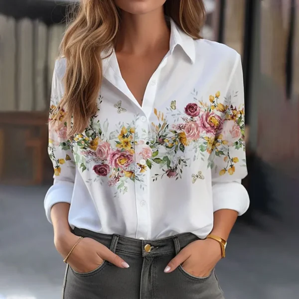 2024 New Elegant Women's Floral Printed Long Sleeve Shirts Spring Basic Lapel Button Down Shirts Breathable Summer Top Plus Size