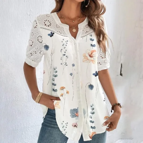 Temperament Casual Lace Woman Shirt Fashion Loose Shirt Woman Elegant Short Sleeve Blouse Holiday Weekend - Image 2