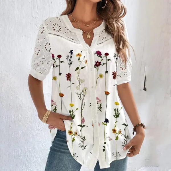 Temperament Casual Lace Woman Shirt Fashion Loose Shirt Woman Elegant Short Sleeve Blouse Holiday Weekend - Image 5