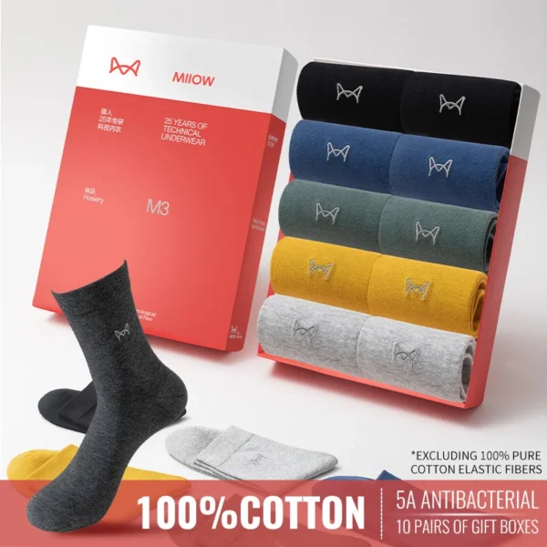 MiiOW Antibacterial Anti Odor Crew Socks 100% Pure Cotton Socks Men Business Dress Long Sock Solid Color Breathable Sport Sock - Image 2