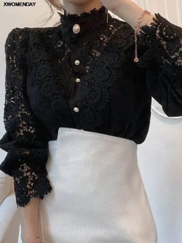 Women Chiffon Button Turtleneck Shirt Chic Elegant Floral Lace Fluffy Long Sleeve Top Fashion Hollow Oversize White Blouse 2024 - Image 6