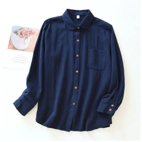 Retro 100% Cotton Shirt Women Top Fashion 2024 Casual Turn Down Collar Long Sleeve Blouse Blue Shirts Blusas Mujer EnvíO Gratis - Image 3