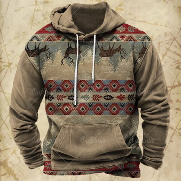 Men Hooded Vintage Print Sweatshirt Ethnic Style Hoodie Autumn and Winter Oversized Casual Men's Clothing Daily Street Pullover