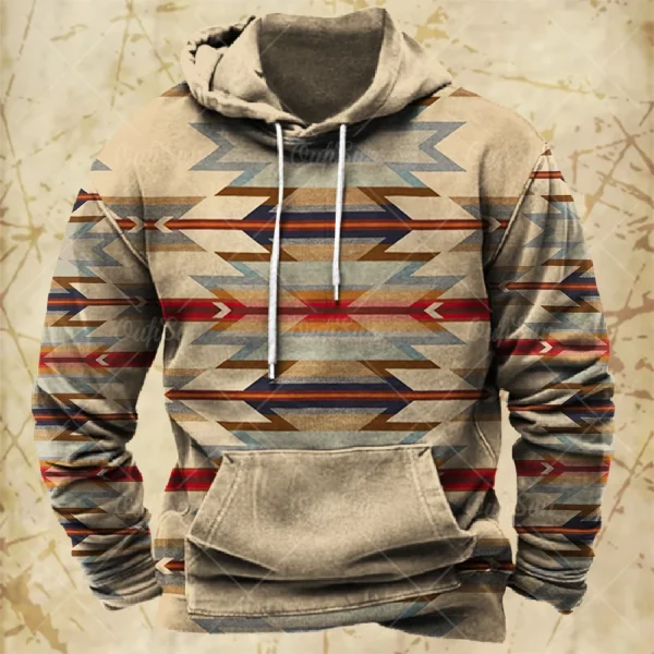 Men Hooded Vintage Print Sweatshirt Ethnic Style Hoodie Autumn and Winter Oversized Casual Men's Clothing Daily Street Pullover - Image 3