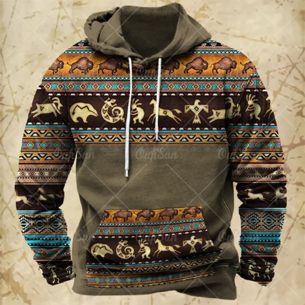 Men Hooded Vintage Print Sweatshirt Ethnic Style Hoodie Autumn and Winter Oversized Casual Men's Clothing Daily Street Pullover - Image 5