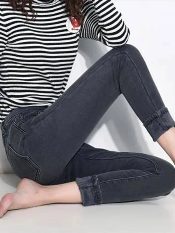 Winter high waist jeans women Thick warm stretch skinny pencil pants Female Simple casual black trousers - Image 2