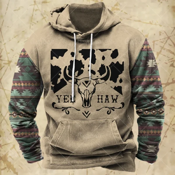 Men Hooded Vintage Print Sweatshirt Ethnic Style Hoodie Autumn and Winter Oversized Casual Men's Clothing Daily Street Pullover - Image 2