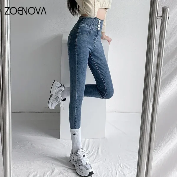 ZOENOVA Skinny Pencil Jeans Four Buttons Vintage High Waist Women Slim Stretch Denim Pants Tight Trousers 2022 Women's Pants - Image 5