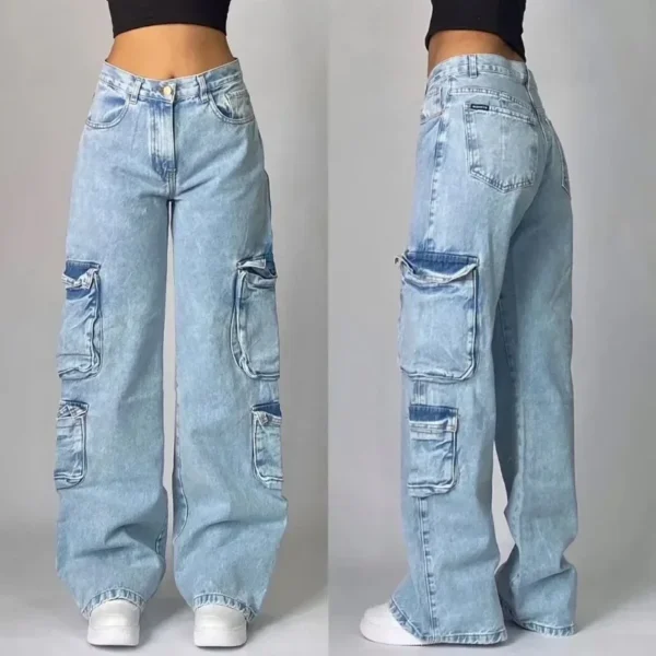 2024 American New Fashion Multi-pocket Washed Baggy Jeans Women Y2K Harajuku Vintage Hip Hop High Waist Casual Wide Leg Pants